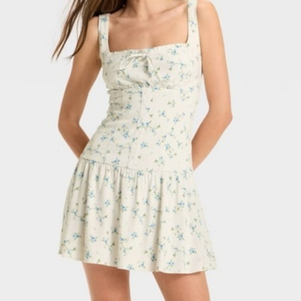 Wild Fable Emma Mini Babydoll Dress White Blue Flora - Picture 10 of 11